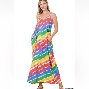 Zenana Tie Dye Rainbow Cami Maxi Dress size Large